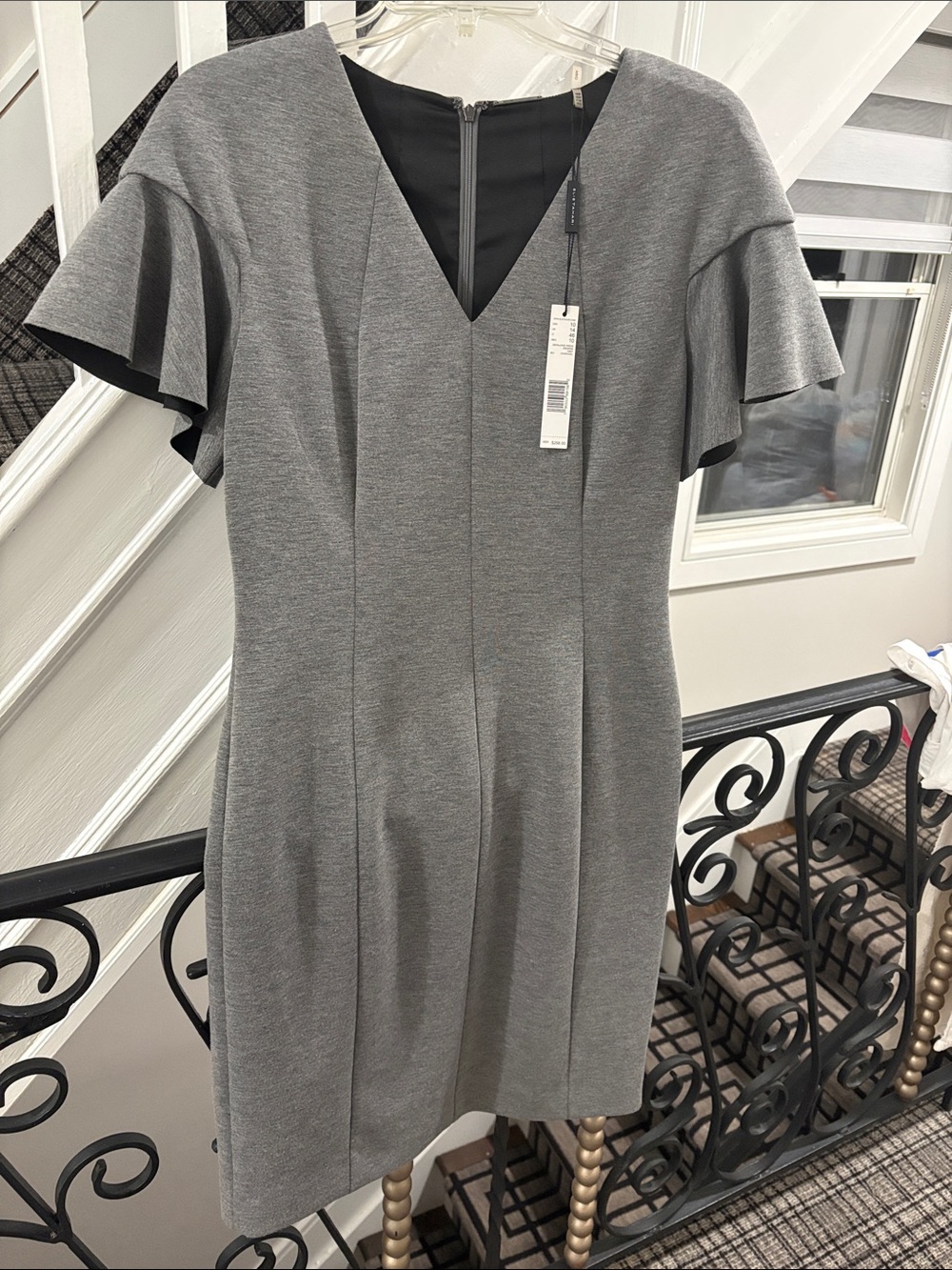 ELIE TAHARI Gray V-Neck Flutter Sleeve Dress - Women BRAND NEW WITH TAGS